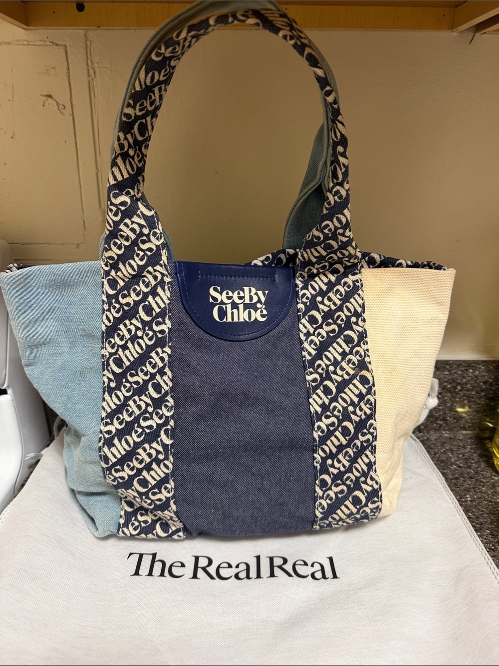 See By Chloe Navy and Cream Denim Hobo